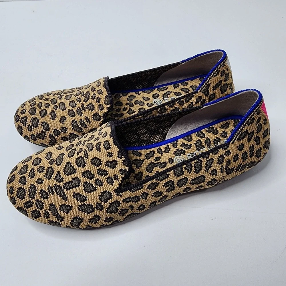 Rothys Girl's Brown Knit Leopard Cheetah Print Slip on Flat Loafer Shoes Size 4